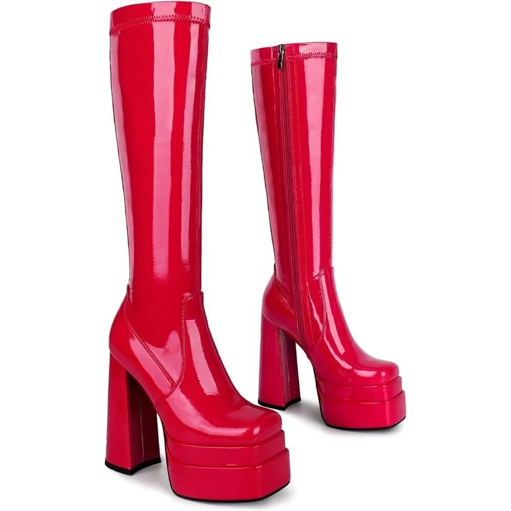 Red Platform Knee High Boots for Women, Chunky Heel, Zipper, Cosplay - Picture 3 of 6